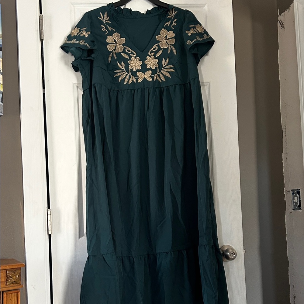 SHEIN Teal Maxi Dress with Gold Floral Embroidery